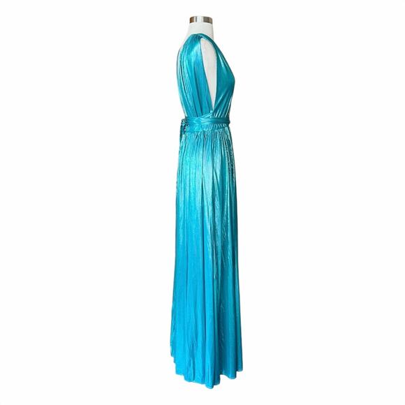 BRONX AND BANCO Romi Metallic Gown Plunge Neckline Dress Teal Turquoise Large 8 - Picture 4 of 13